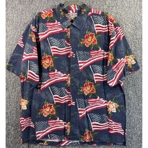 Boca Classics Button Up Shirt Navy American Flag Hibiscus Mens XLT
